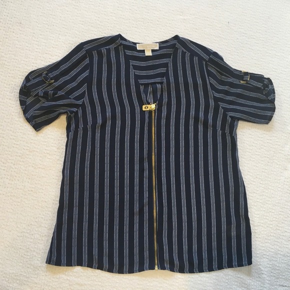 Michael Kors Tops - Michael Kors Womens M Striped Zip Front Short Sleeve Blouse Top Office Career